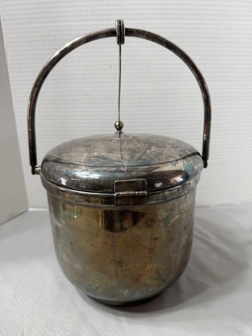 Vintage Silver Plated Ice Bucket Swing Top Lid & Handle Glass Liner Luxury